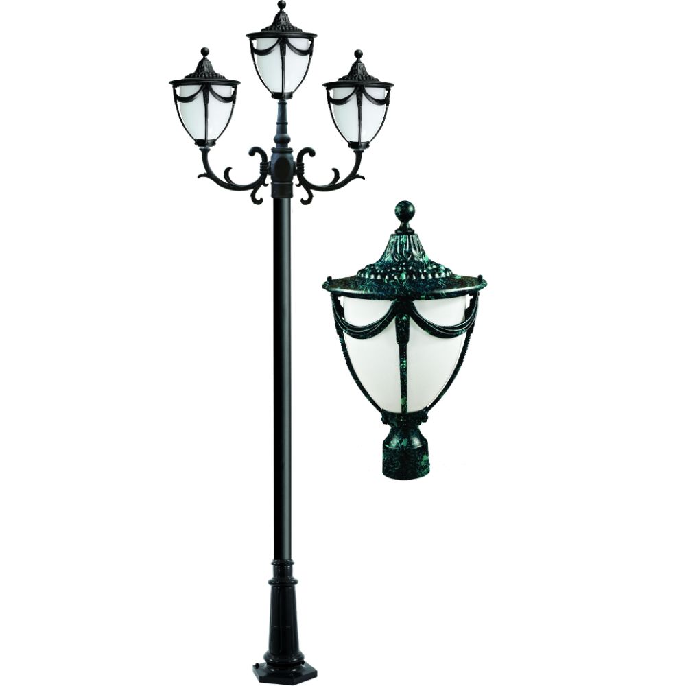 Dabmar Lighting GM4803-L18-60K-VG LED Cast Aluminum 3 Post Top Fixture Pole W/ Base, 120V, E26, 3X, Color Temperature 6000K, Verde Green Finish