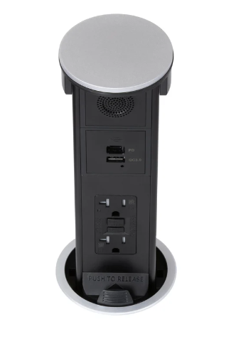 Lew Electric PUR20GACBTQD-RSS Kitchen Round Pop Up GFCI, Speaker, USB-A/C, QI, Stainless Plastic