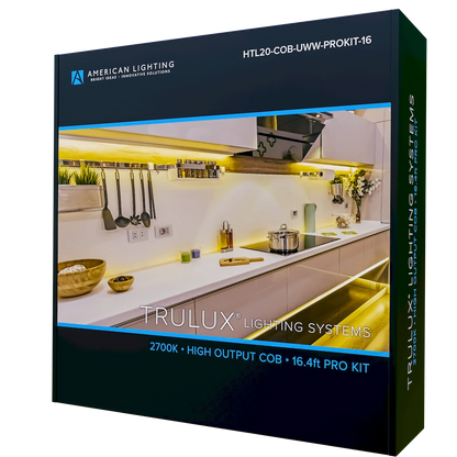 American Lighting HTL-COB-UWW-PROKIT-16 igh Output COB Tape Light IP54 2700K Pro Kit – 24V DC, 369LM/ft, 90 CRI, Dimmable, 16.4ft Complete Set (cULus Listed, Damp Location Rated)