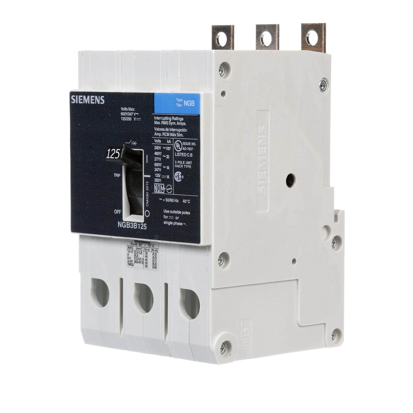Siemens NGB3B125B Siemens Low Voltage Circuit Breaker with Thermal Magnetic Trip, 125A, 2-Pole, 600V