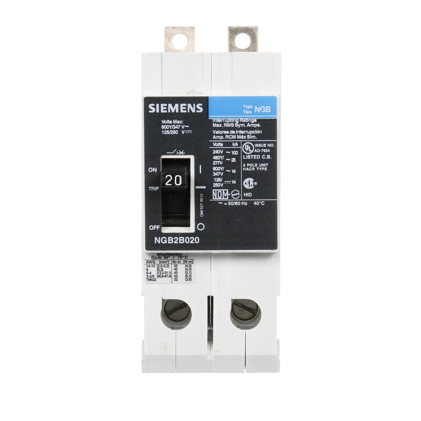 Siemens NGB2B020B Siemens Bolt on Panel board Circuit Breaker