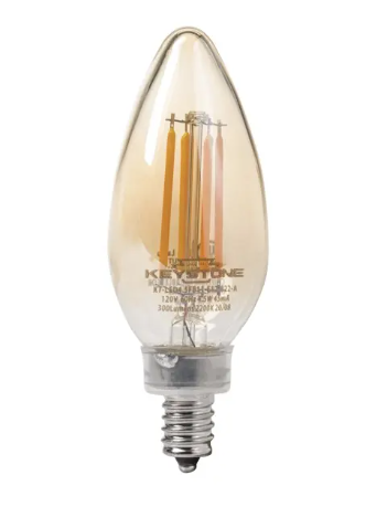 Keystone KT-LED5.5FB11-E12-822-A B11 LED Filament Bulb, 60W Equivalent, E12 Candelabra Base, Wattage 5.5W, Color Temperature 2200K, Amber