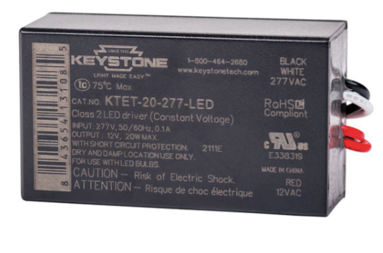 Keystone KTET-20-277-LED 20W Low Voltage Transformer, LED Specific, 277V Input, 12V Output, Class 2