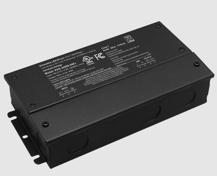 Lotus LED Lights KVG-24060-DWJ 24V 60W 5-in-1 Dimmable cULus Driver with Built-in Wiring Chambers 120-277V Wet Class 2 Type HL Constant Voltage