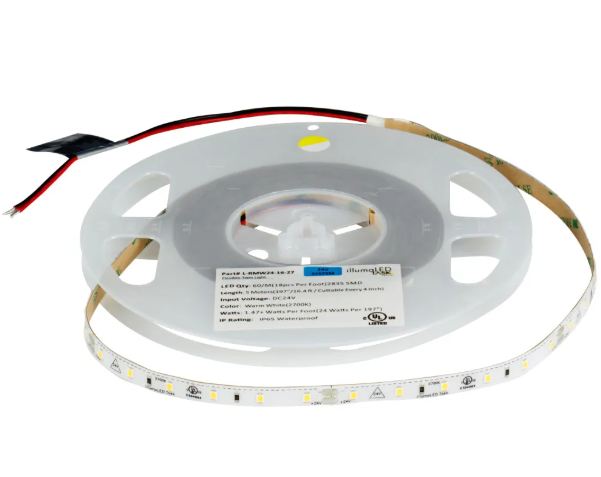 Task Lighting L-RMW24-16-27 16 Ft 24V 120 Lm/Ft LED Tape Light, Single-White, 1.5 Watts/Ft, Accent Output, Waterproof IP65 Rated, CCT 2700K, Warm White