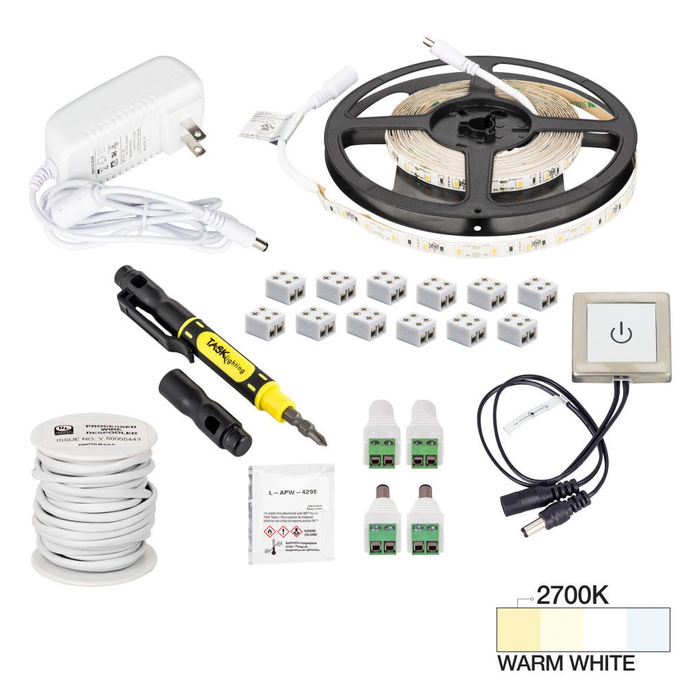 Task Lighting L-RTDK-16-50 16 Ft., 120 Lumens/Ft. 12-volt Accent Output Touch Dimmer Switch Tape Light Kit, Single-White, Daylight White 5000K