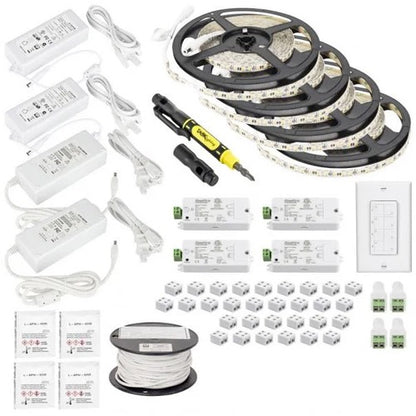 Task Lighting L-VK4Z4A-65-27 65 Ft 12V 225 Lm/Ft LED Tape Light Wireless Controller Kit, Single-White, 4 Zone, 4 Area, Four-Zone Controller, 2.8 Watts/Ft, Standard Output, Waterproof IP65 Rated, CCT 2700K, Warm White