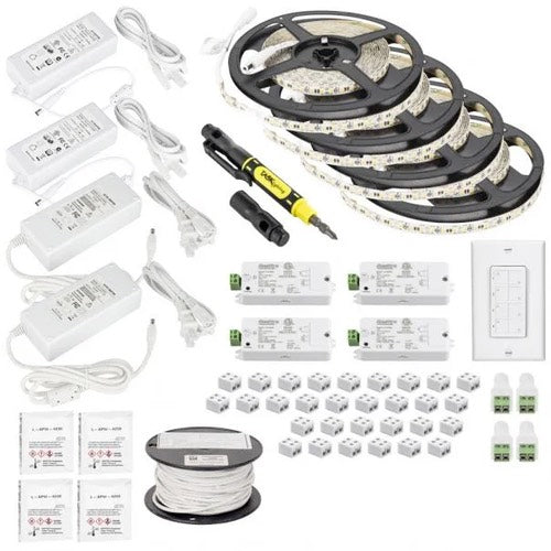 Task Lighting L-VK4Z4A-65-27 65 Ft 12V 225 Lm/Ft LED Tape Light Wireless Controller Kit, Single-White, 4 Zone, 4 Area, Four-Zone Controller, 2.8 Watts/Ft, Standard Output, Waterproof IP65 Rated, CCT 2700K, Warm White