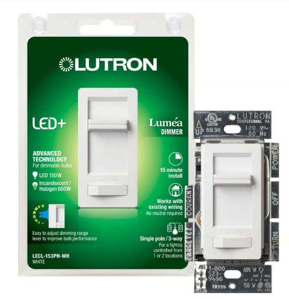 Lutron LECL-153PH-WH Lumea 1-Pole 3-Way LED Slide Dimmer Switch, 150W LED/CFL, White