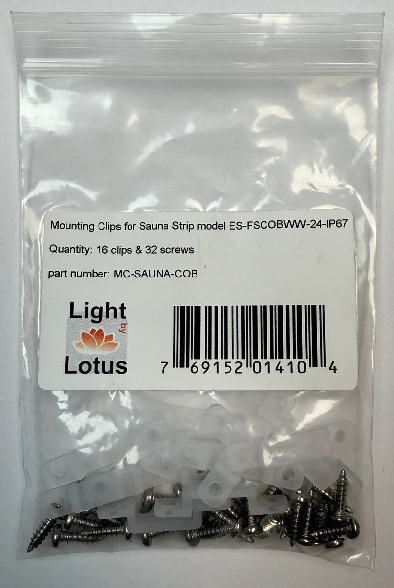 Lotus LED Lights MC-SAUNA-COB Mounting Clips for Sauna Strip model ES-FSCOBWW-24-IP67. Quantity per bag: 16 clips & 32 screws