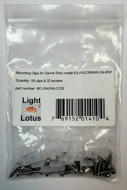 Lotus LED Lights MC-SAUNA-COB Mounting Clips for Sauna Strip model ES-FSCOBWW-24-IP67. Quantity per bag: 16 clips & 32 screws