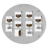 Lew Electric MOI4-REC-COMM10-BR-AHC-CED Customizable, Recessed, 2-Hour Fire Rated Poke-Through With Four Inch Core., Ten communication openings, Brass Articulated Hinge Cover With Cable Exit Door