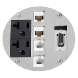 Lew Electric MOI4-REC-PWR2-COMM4-DB15-BK-AHC-CED Customizable, Recessed, 2-Hour Fire Rated Poke-Through With Four Inch Core, (2) single receptacle & (4) communication openings & (1) DB-15 opening, Black Articulated Hinge Cover With Cable Exit Door