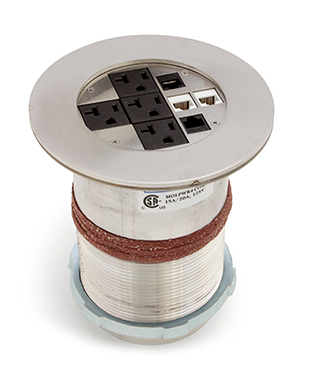 Lew Electric MOI4-DP1-C4-SS-AHC Customizable, flush mounted, 2-Hour Fire Rated Poke-Through with four inch core, Decora receptacle & (4) communication openings , Stainless Finish, Articulated Hinged Cover