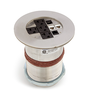 Lew Electric MOI4-AV-COMM4-BR-DC Customizable, flush mounted, 2-Hour Fire Rated Poke-Through with four inch core,  Decora opening for CI-5BWPA (4) communication openings, Drop Cover, Brass Finish