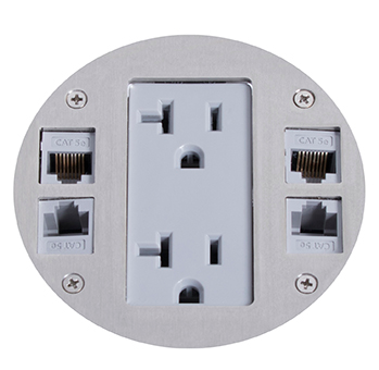 Lew Electric MOI4-DP1-C4-BK-AHC Customizable, flush mounted, 2-Hour Fire Rated Poke-Through with four inch core, Decora receptacle & (4) communication openings , Black Finish, Articulated Hinged Cover