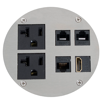 Lew Electric MOI4-P2-C4-BR-TC Customizable, flush mounted, 2-Hour Fire Rated Poke-Through with four inch core, (2) single receptacle & (4) communication openings , Brass Finish, Threaded Coin