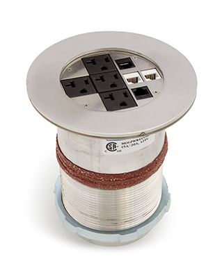 Lew Electric MOI4-P2-C4-DB15-BR-AHC-1/4 Customizable, flush mounted, 2-Hour Fire Rated Poke-Through with four inch core, (2) single receptacle & (4) communication openings & (1) DB-15 opening , Brass Finish, Articulated Hinged Cover 1/4 Turn