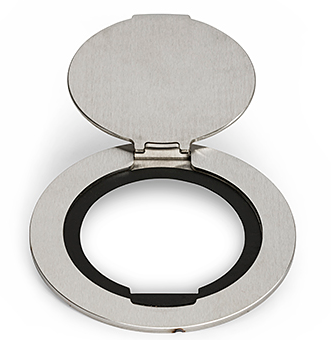 Lew Electric MOI4-REC-DP1-C4-SS-AHC-CED Customizable, recessed,  2-Hour Fire Rated Poke-Through with four inch core , Decora receptacle & (4) communication openings, Stainless Finish,  Articulated Hinged Cover with Cable Exit Door