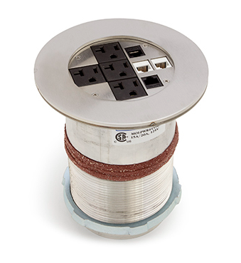Lew Electric MOI4-PWR4-SS-DC Customizable, flush mounted, 2-Hour Fire Rated Poke-Through with four inch core, (4) single receptacle, Drop Cover , Stainless Steel Finish
