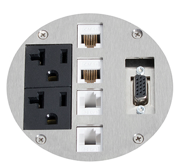 Lew Electric MOI4-PWR2-COMM6-SS-TC Customizable,Flush Mounted, 2-Hour Fire Rated Poke-Through with Four inch Core, (2) single receptacle & (6) Communication Openings, Threaded Coin, Stainless Steel Finish