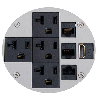 Lew Electric MOI4-PWR4-COMM4-SS-TSC Customizable, flush mounted, 2-Hour Fire Rated Poke-Through with four inch core, (4) single receptacle & (4) communication openings, Threaded Security , Stainless Steel Finish