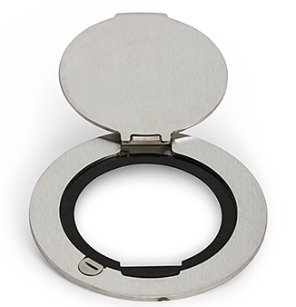 Lew Electric MOI4-PWR4-COMM4-SS-AHC-1/4 Customizable, flush mounted, 2-Hour Fire Rated Poke-Through with four inch core, (4) single receptacle & (4) communication openings, Articulated Hinged Cover ¼ Turn , Stainless Steel Finish