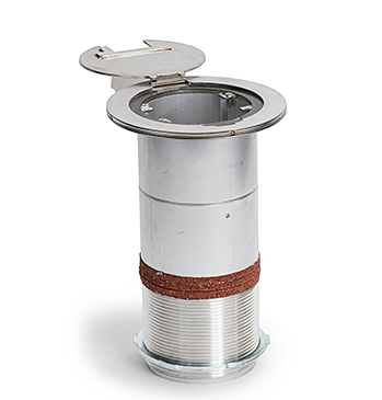 Lew Electric MOI4-REC-DP1-C4-SS-AHC-CED Customizable, recessed,  2-Hour Fire Rated Poke-Through with four inch core , Decora receptacle & (4) communication openings, Stainless Finish,  Articulated Hinged Cover with Cable Exit Door