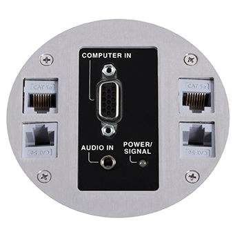 Lew Electric MOI4-REC-AV-C4-BK-AHC-CED Customizable, recessed,  2-Hour Fire Rated Poke-Through with four inch core , (1) Decora opening for CI-5BWPA (4) communication openings, Black Finish,  Articulated Hinged Cover with Cable Exit Door