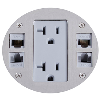 Lew Electric MOI4-REC-DP1-C4-SS-AHC-CED Customizable, recessed,  2-Hour Fire Rated Poke-Through with four inch core , Decora receptacle & (4) communication openings, Stainless Finish,  Articulated Hinged Cover with Cable Exit Door