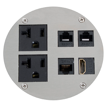 Lew Electric MOI4-REC-P2-C4-BK-AHC-CED Customizable, recessed,  2-Hour Fire Rated Poke-Through with four inch core , (2) single receptacle & (4) communication openings, Black Finish,  Articulated Hinged Cover with Cable Exit Door