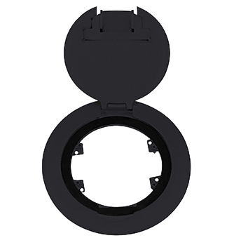 Lew Electric MOI4-RES-REC-DP1-C4-BK-AHC-CED Customizable, Recessed Four Inch Poke-Through Floor Box , Decora receptacle & (4) communication openings, Black Finish,  Articulated Hinged Cover with Cable Exit Door