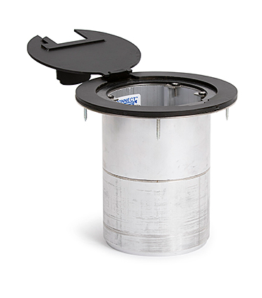 Lew Electric MOI4-RES-REC-DP1-BR-AHC-CED Customizable, Recessed Four Inch Poke-Through Floor Box , Decora receptacle, Brass Finish,  Articulated Hinged Cover with Cable Exit Door