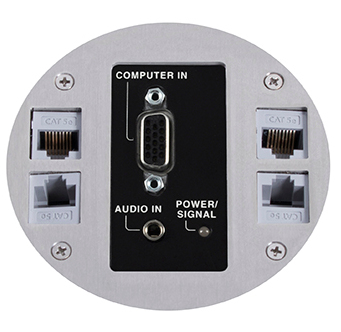 Lew Electric MOI4-RES-REC-AV-C4-BR-AHC-CED Customizable, Recessed Four Inch Poke-Through Floor Box , (1) Decora opening for CI-5BWPA (4) communication openings, Brass Finish,  Articulated Hinged Cover with Cable Exit Door