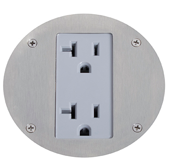 Lew Electric MOI4-RES-REC-DP1-BR-AHC-CED Customizable, Recessed Four Inch Poke-Through Floor Box , Decora receptacle, Brass Finish,  Articulated Hinged Cover with Cable Exit Door