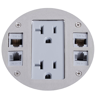 Lew Electric MOI4-RES-REC-DP1-C4-BK-AHC-CED Customizable, Recessed Four Inch Poke-Through Floor Box , Decora receptacle & (4) communication openings, Black Finish,  Articulated Hinged Cover with Cable Exit Door