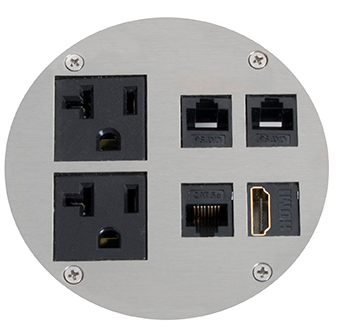 Lew Electric MOI4-RES-REC-P2-C4-BR-AHC-CED Customizable, Recessed Four Inch Poke-Through Floor Box , (2) single receptacle & (4) communication openings, Brass Finish,  Articulated Hinged Cover with Cable Exit Door