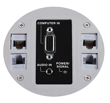 Lew Electric MOI4-SLB-AV-COMM-SS-TSC Customizable Dual Service Round Concrete Box ,  (1) Decora opening for CI-5BWPA (4) communication openings, Threaded Security , Stainless Steel Finish