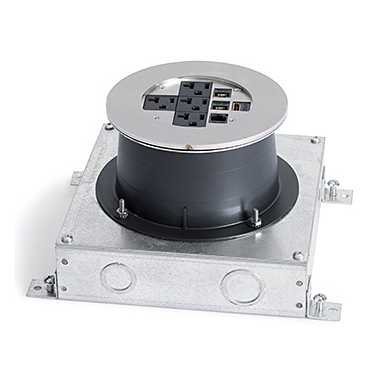 Lew Electric MOI4-SLB-P4-C4-BR-TSC Customizable Dual Service Round Concrete Box, round, flush to concrete floor box , (4) single receptacle & (4) communication openings, Brass Finish, Threaded Security