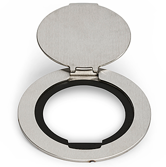 Lew Electric MOI4-SLB-PASSTHROUGH-BR-AHC Customizable Dual Service Round Concrete Box,  multi-connect is a dual service, round, flush to concrete floor box , 2.5" trade size circular opening, Brass Finish, Articulated Hinged Cover