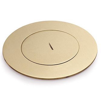 Lew Electric MOI4-SLB-DP1-C4-BR-TC Customizable Dual Service Round Concrete Box,  multi-connect is a dual service, round, flush to concrete floor box , Decora receptacle & (4) communication openings, Brass Finish,  Threaded Coin