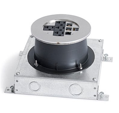 Lew Electric MOI4-SLB-PWR2-COMM4-BR-TC Customizable Dual Service Round Concrete Box, Round, Flush To Concrete Floor Box, (2) Single Receptacle & (4) Communication Openings, Threaded Coin, Brass Finish