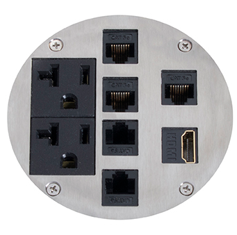 Lew Electric MOI4-SLB-P2-C6-BR-TSC Customizable Dual Service Round Concrete Box, round, flush to concrete floor box , (2) single receptacle & (6) communication openings, Brass Finish, Threaded Coin