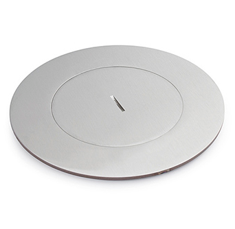Lew Electric MOI4-SLB-P2-C6-SS-TSC Customizable Dual Service Round Concrete Box, round, flush to concrete floor box , (2) single receptacle & (6) communication openings, Stainless Finish, Threaded Coin