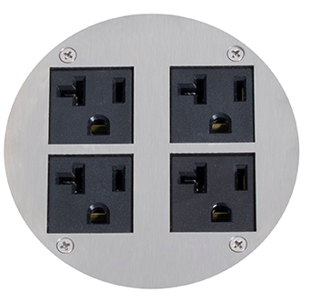 Lew Electric MOI4-SLB-P4-BR-AHC Customizable Dual Service Round Concrete Box, round, flush to concrete floor box , (4) single receptacle, Brass Finish, Articulated Hinged Cover