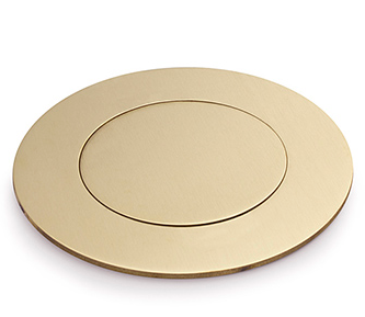 Lew Electric MOI4-SLB-P4-C4-BR-DC Customizable Dual Service Round Concrete Box, round, flush to concrete floor box , (4) single receptacle & (4) communication openings, Brass Finish, Drop Cover