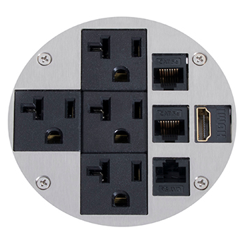 Lew Electric MOI4-SLB-P4-C4-BR-TSC Customizable Dual Service Round Concrete Box, round, flush to concrete floor box , (4) single receptacle & (4) communication openings, Brass Finish, Threaded Security