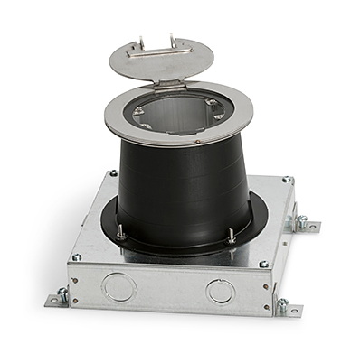 Lew Electric MOI4-SLB-REC-P2-C4-DB15-BR-AHC-CED Customizable Dual Service, Recessed Round Concrete Box , (2) single receptacle & (4) communication openings & (1) DB-15 opening, Brass Finish, Articulated Hinged Cover with Cable Exit Door