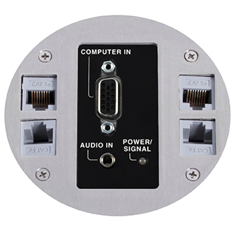 Lew Electric MOI4-SLB-REC-AV-C4-BR-AHC-CED Customizable Dual Service, Recessed Round Concrete Box , (1) Decora opening for CI-5BWPA (4) communication openings, Brass Finish, Articulated Hinged Cover with Cable Exit Door