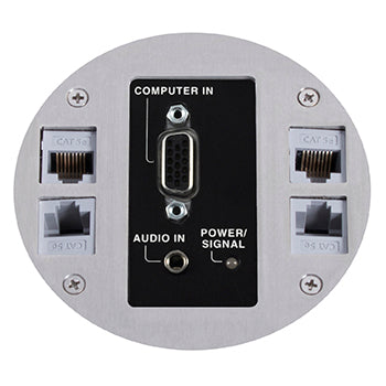 Lew Electric MOI4-SLB-REC-AV-COMM4-SS-AHC-CED Customizable Dual Service, Recessed Round Concrete Box, Round, Flush To Concrete Floor Box, (1) Decora opening for CI-5BWPA (4) Communication Openings, Articulated Hinged Cover Stainless Steel Finish